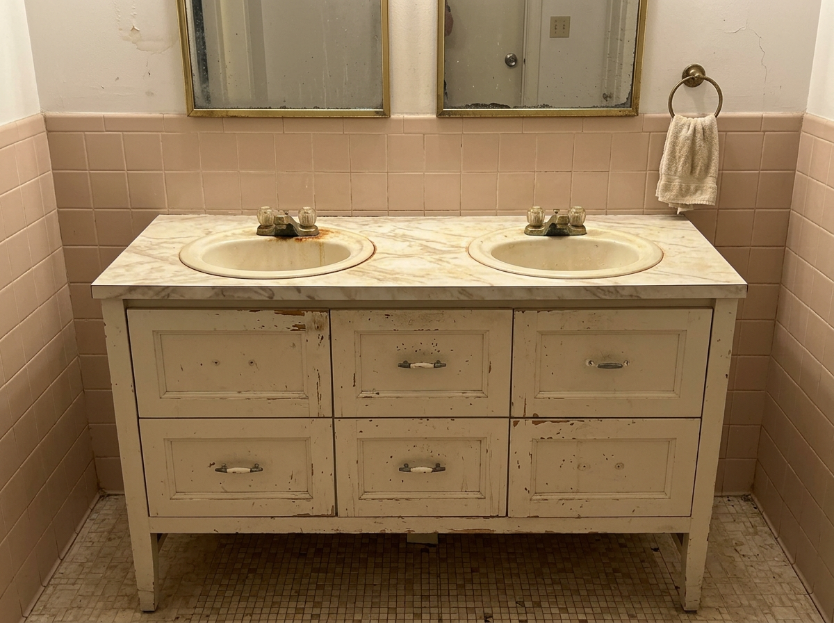 Dated pink-tile bathroom before renovation