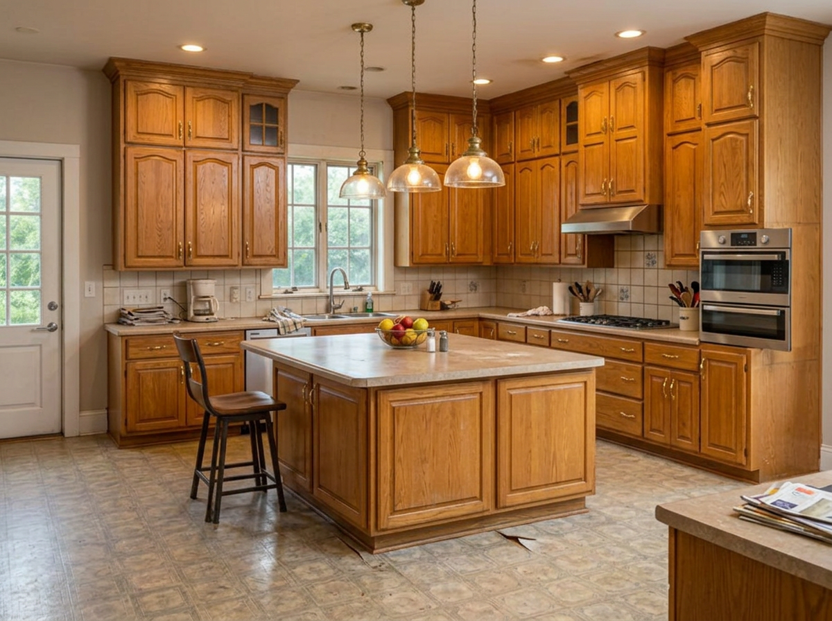 Outdated oak Brooklyn kitchen before renovation