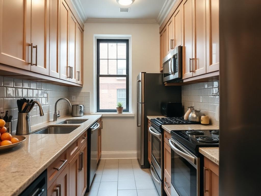 White shaker galley kitchen in Marine Park Brooklyn with granite counters and subway backsplash