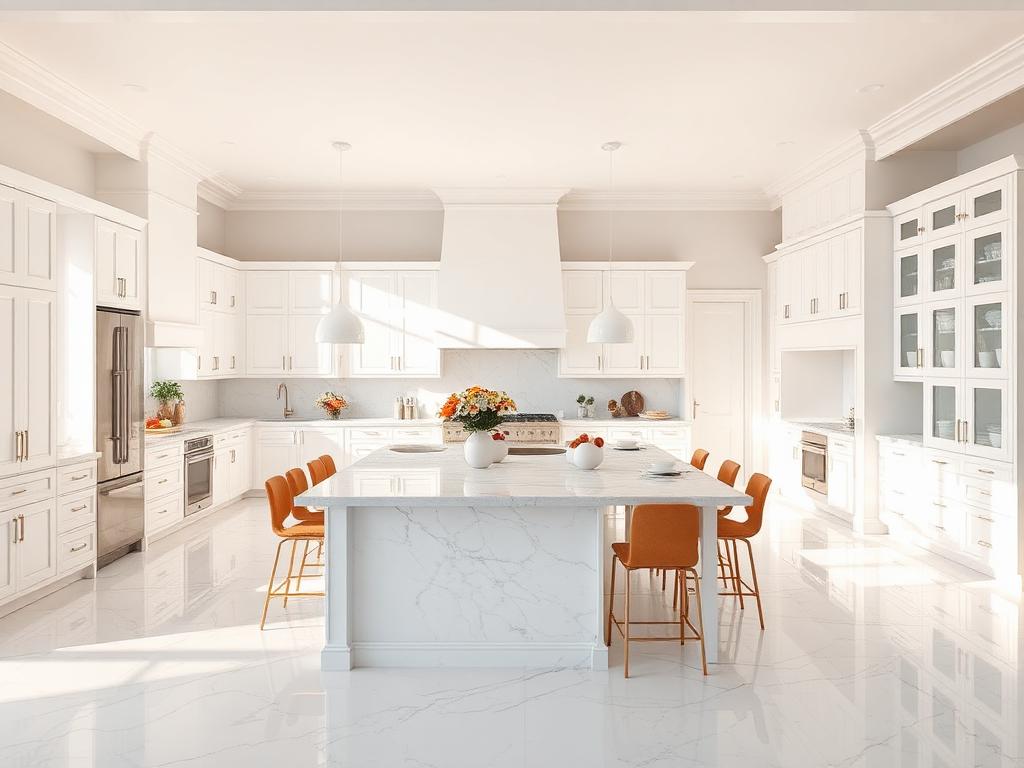 Mill Basin waterfront kitchen with 10-foot quartz waterfall island and brass hardware